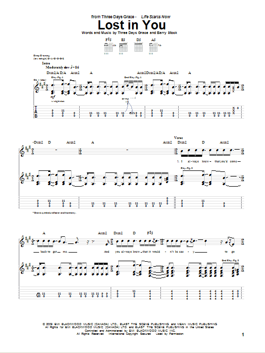 Download Three Days Grace Lost In You Sheet Music and learn how to play Guitar Tab PDF digital score in minutes