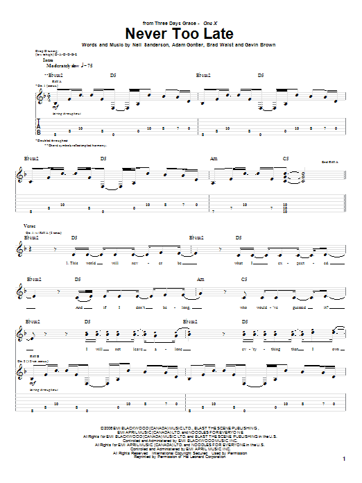 Download Three Days Grace Never Too Late Sheet Music and learn how to play Guitar Tab PDF digital score in minutes