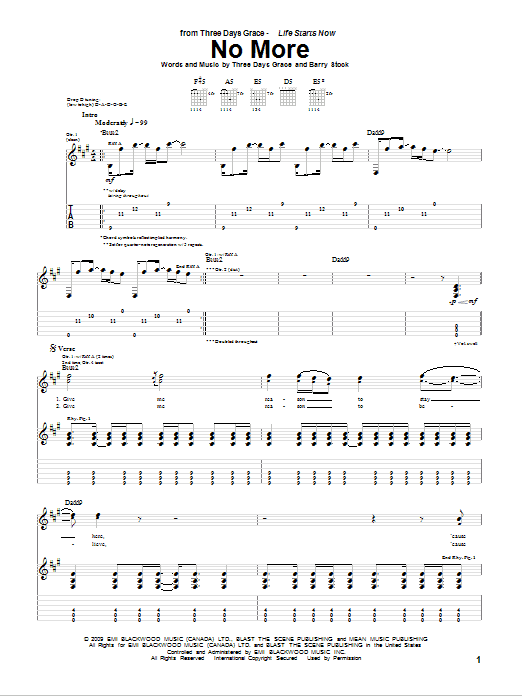 Download Three Days Grace No More Sheet Music and learn how to play Guitar Tab PDF digital score in minutes