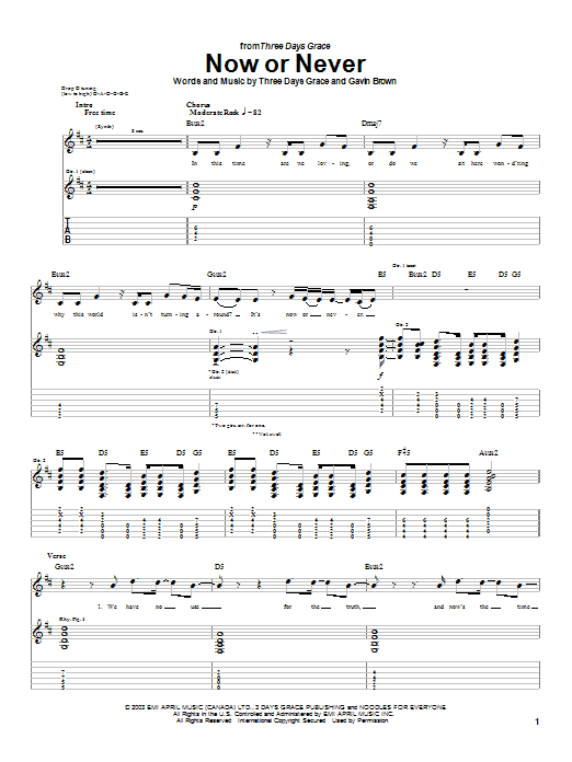 Download Three Days Grace Now Or Never Sheet Music and learn how to play Guitar Tab PDF digital score in minutes