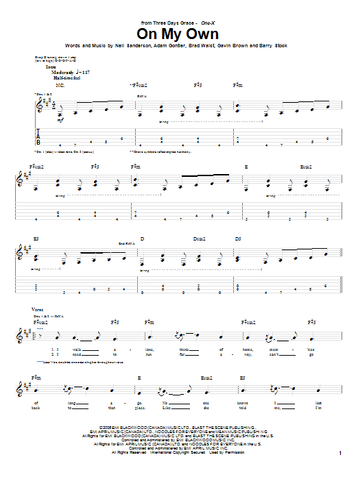 Download Three Days Grace On My Own Sheet Music and learn how to play Guitar Tab PDF digital score in minutes