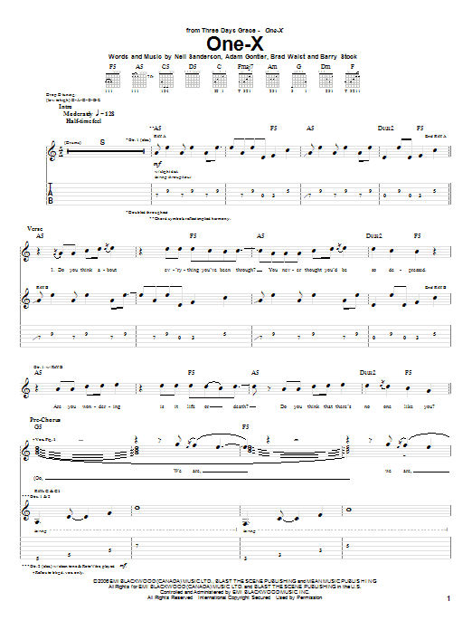 Download Three Days Grace One-X Sheet Music and learn how to play Guitar Tab PDF digital score in minutes