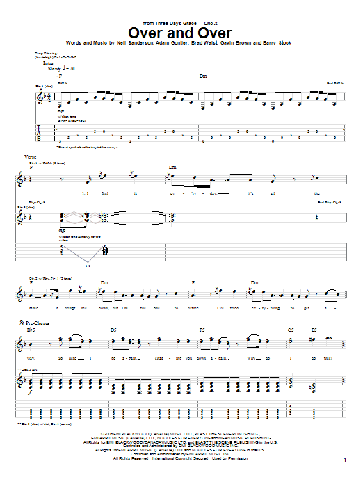 Download Three Days Grace Over And Over Sheet Music and learn how to play Guitar Tab PDF digital score in minutes