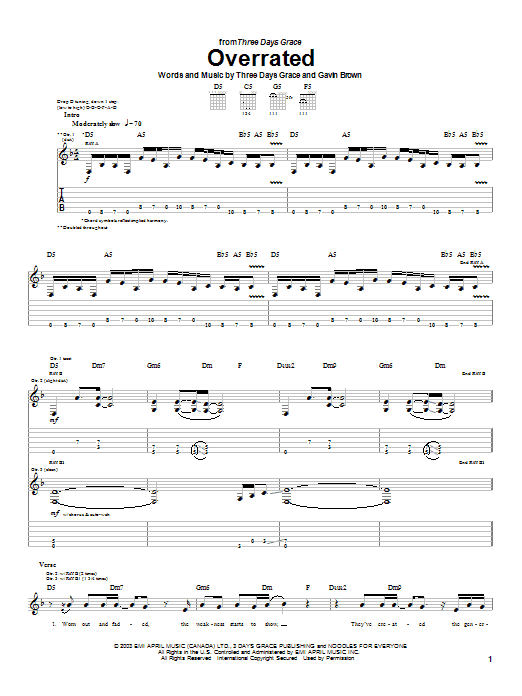 Download Three Days Grace Overrated Sheet Music and learn how to play Guitar Tab PDF digital score in minutes