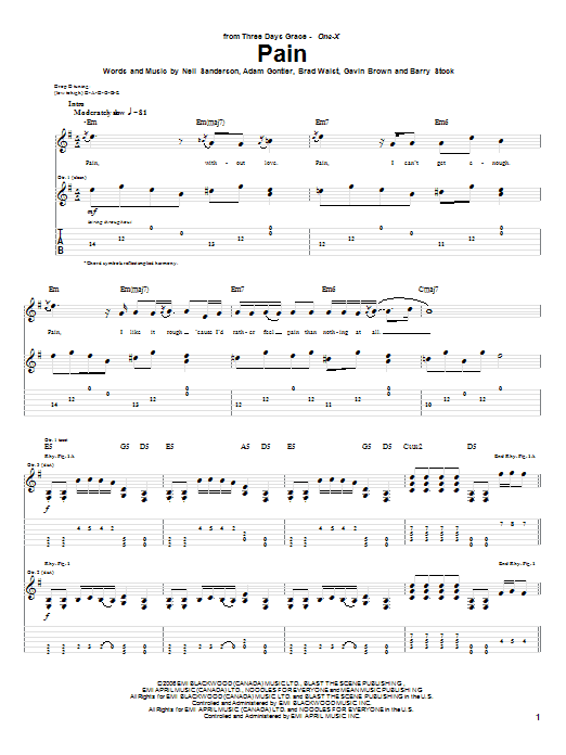 Download Three Days Grace Pain Sheet Music and learn how to play Guitar Tab PDF digital score in minutes