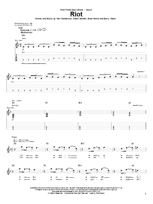Download Three Days Grace Riot Sheet Music and learn how to play Guitar Tab PDF digital score in minutes