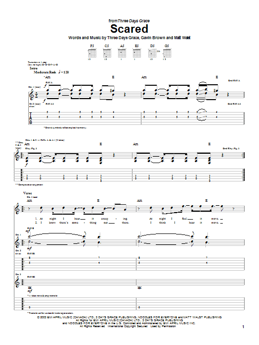 Download Three Days Grace Scared Sheet Music and learn how to play Guitar Tab PDF digital score in minutes