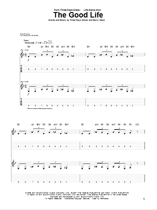 Download Three Days Grace The Good Life Sheet Music and learn how to play Guitar Tab PDF digital score in minutes
