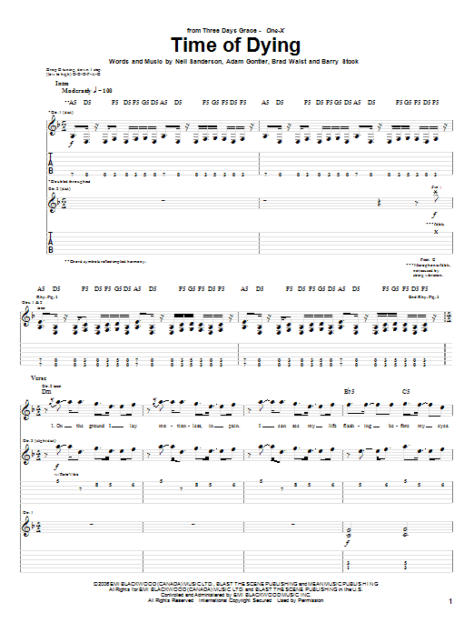 Download Three Days Grace Time Of Dying Sheet Music and learn how to play Guitar Tab PDF digital score in minutes