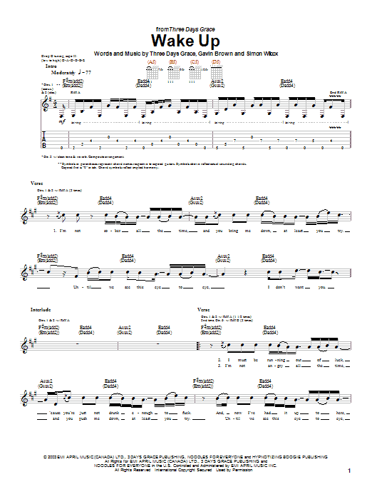 Download Three Days Grace Wake Up Sheet Music and learn how to play Guitar Tab PDF digital score in minutes