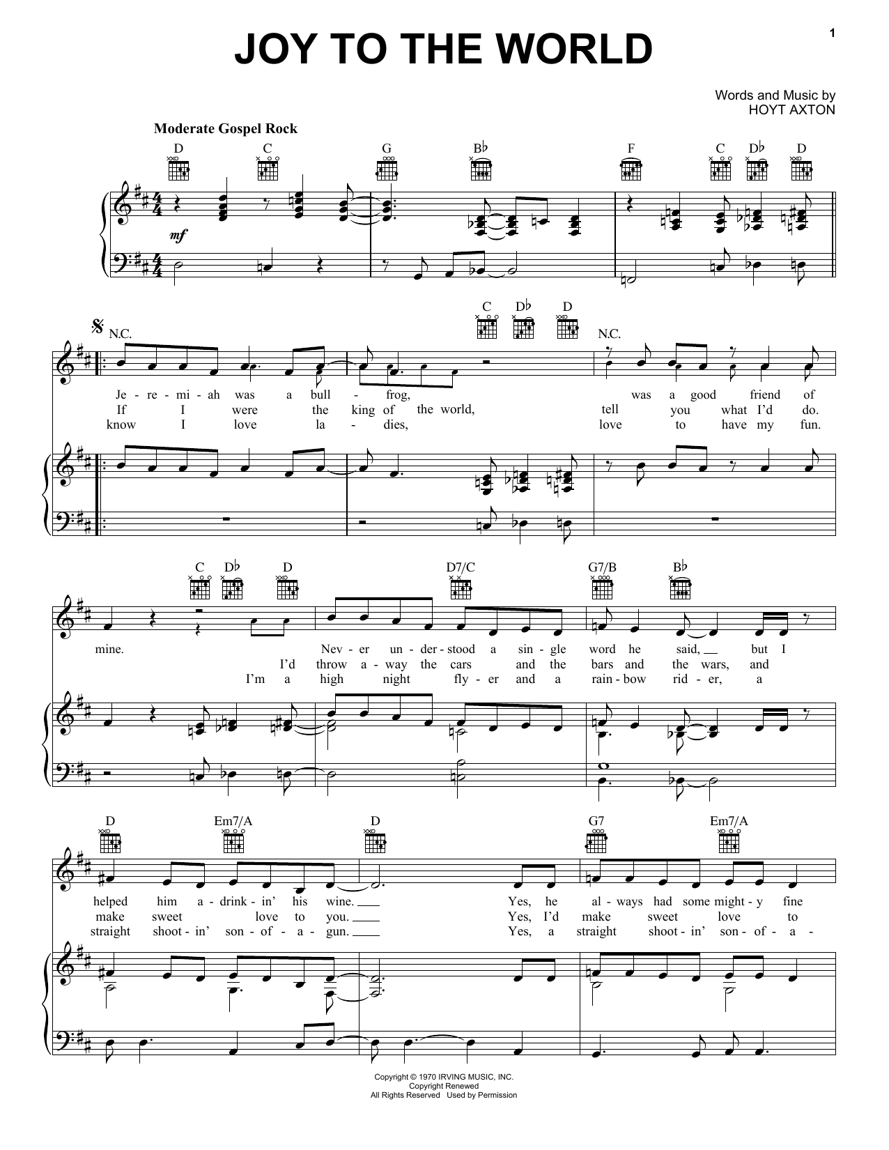 Download Three Dog Night Joy To The World Sheet Music and learn how to play Lyrics & Chords PDF digital score in minutes