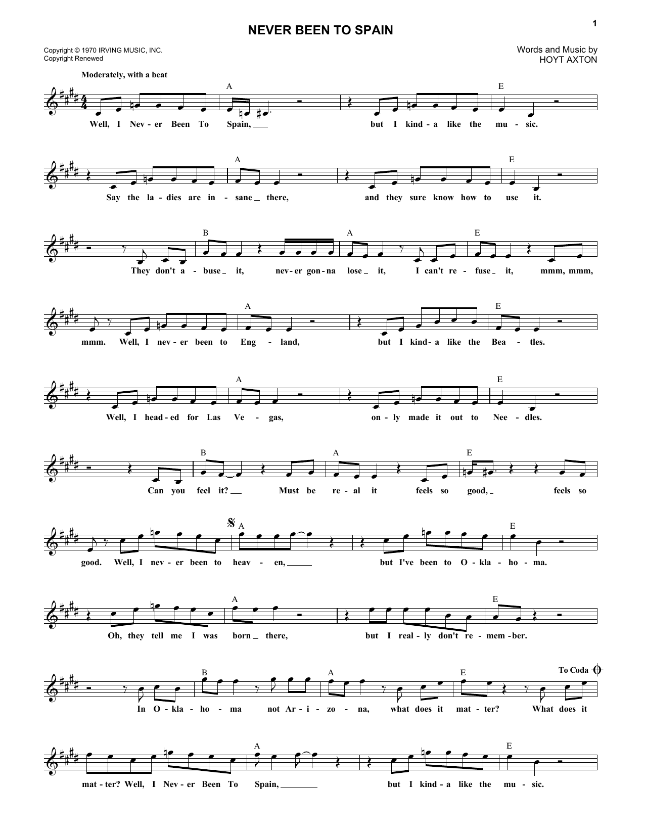 Download Three Dog Night Never Been To Spain Sheet Music and learn how to play Lead Sheet / Fake Book PDF digital score in minutes