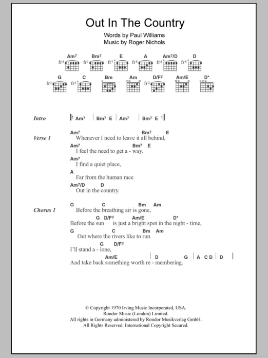 Download Three Dog Night Out In The Country Sheet Music and learn how to play Lyrics & Chords PDF digital score in minutes