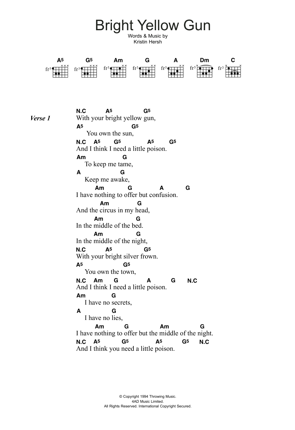 Download Throwing Muses Bright Yellow Gun Sheet Music and learn how to play Lyrics & Chords PDF digital score in minutes