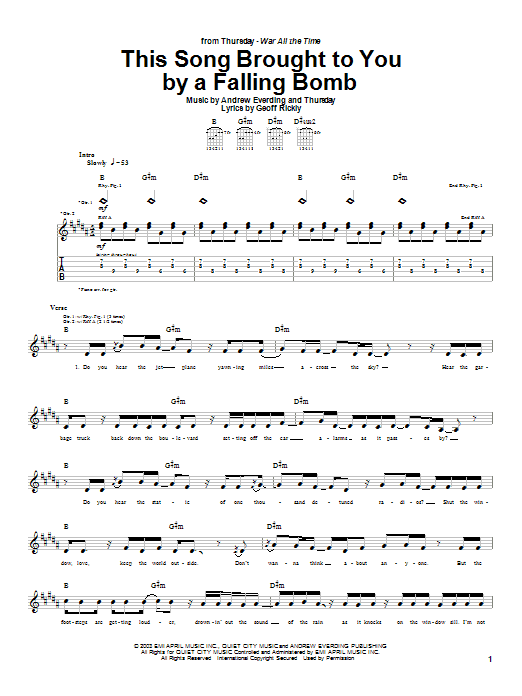 Download Thursday This Song Brought To You By A Falling Bomb Sheet Music and learn how to play Guitar Tab PDF digital score in minutes