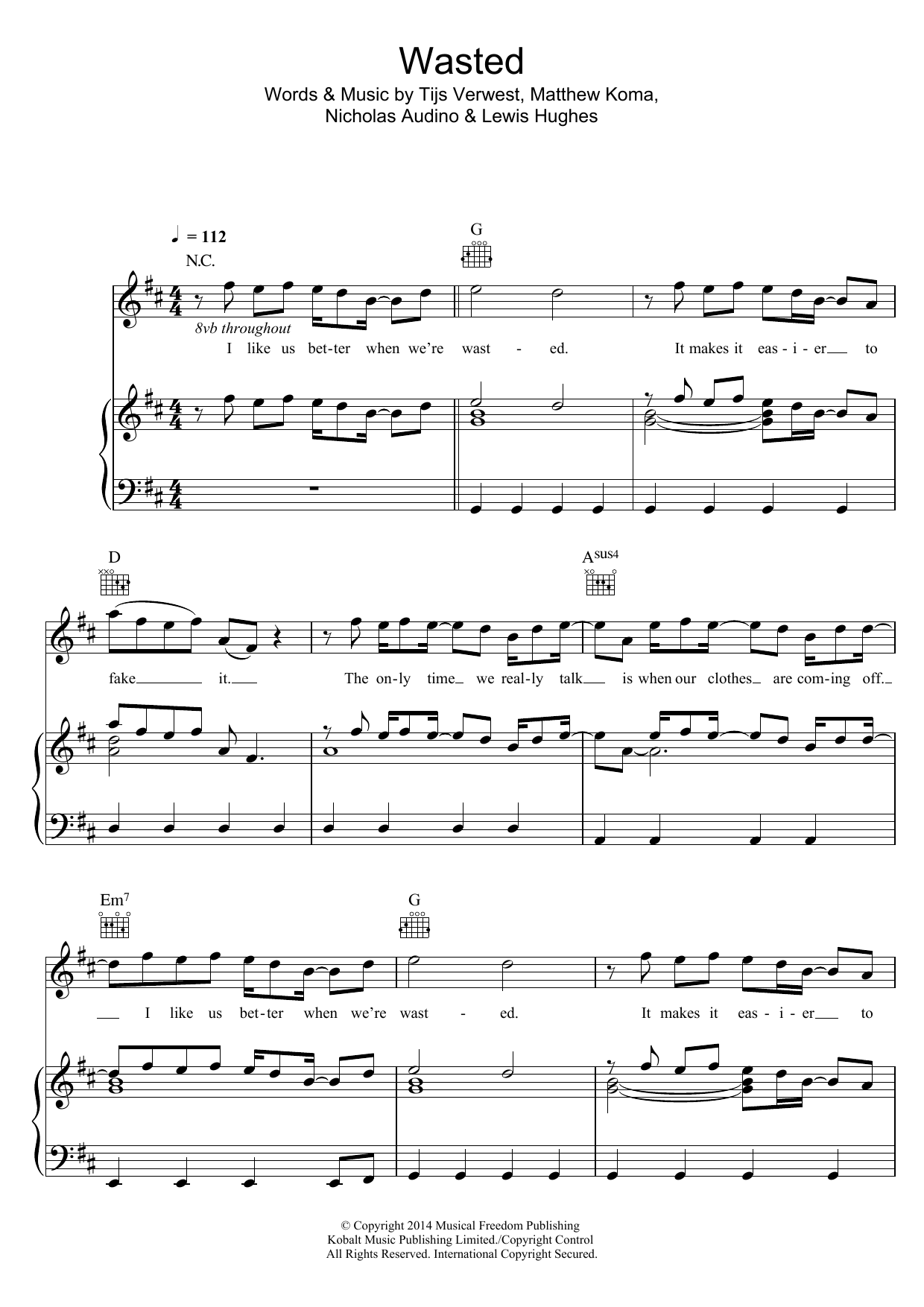 Download Tiesto Wasted (feat. Matthew Koma) Sheet Music and learn how to play Piano, Vocal & Guitar (Right-Hand Melody) PDF digital score in minutes