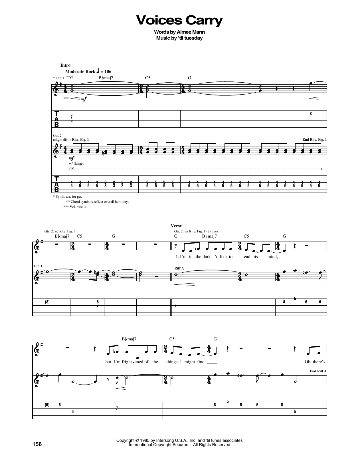 Download 'til tuesday Voices Carry Sheet Music and learn how to play Piano, Vocal & Guitar Chords (Right-Hand Melody) PDF digital score in minutes