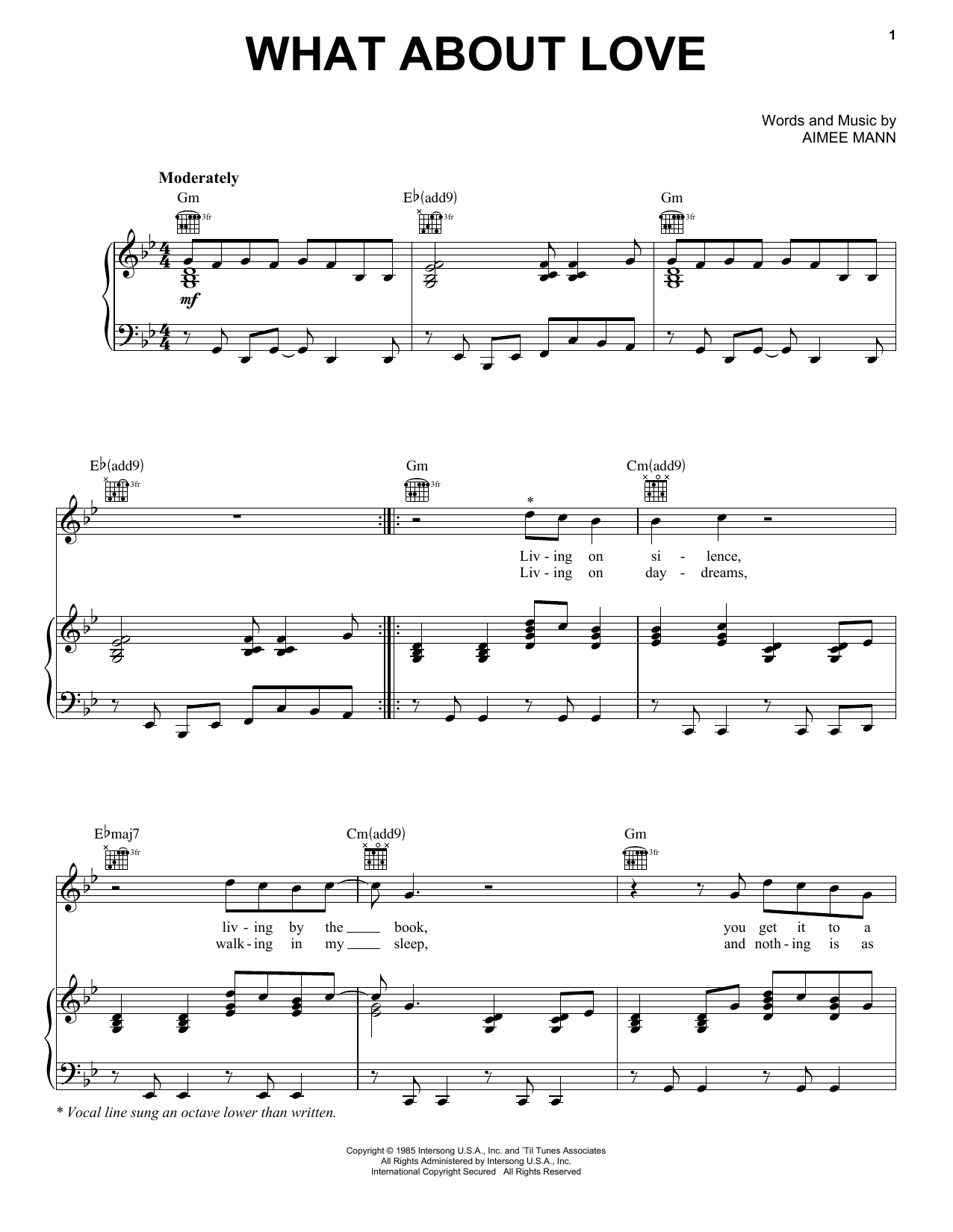 Download 'Til Tuesday What About Love Sheet Music and learn how to play Piano, Vocal & Guitar Chords (Right-Hand Melody) PDF digital score in minutes