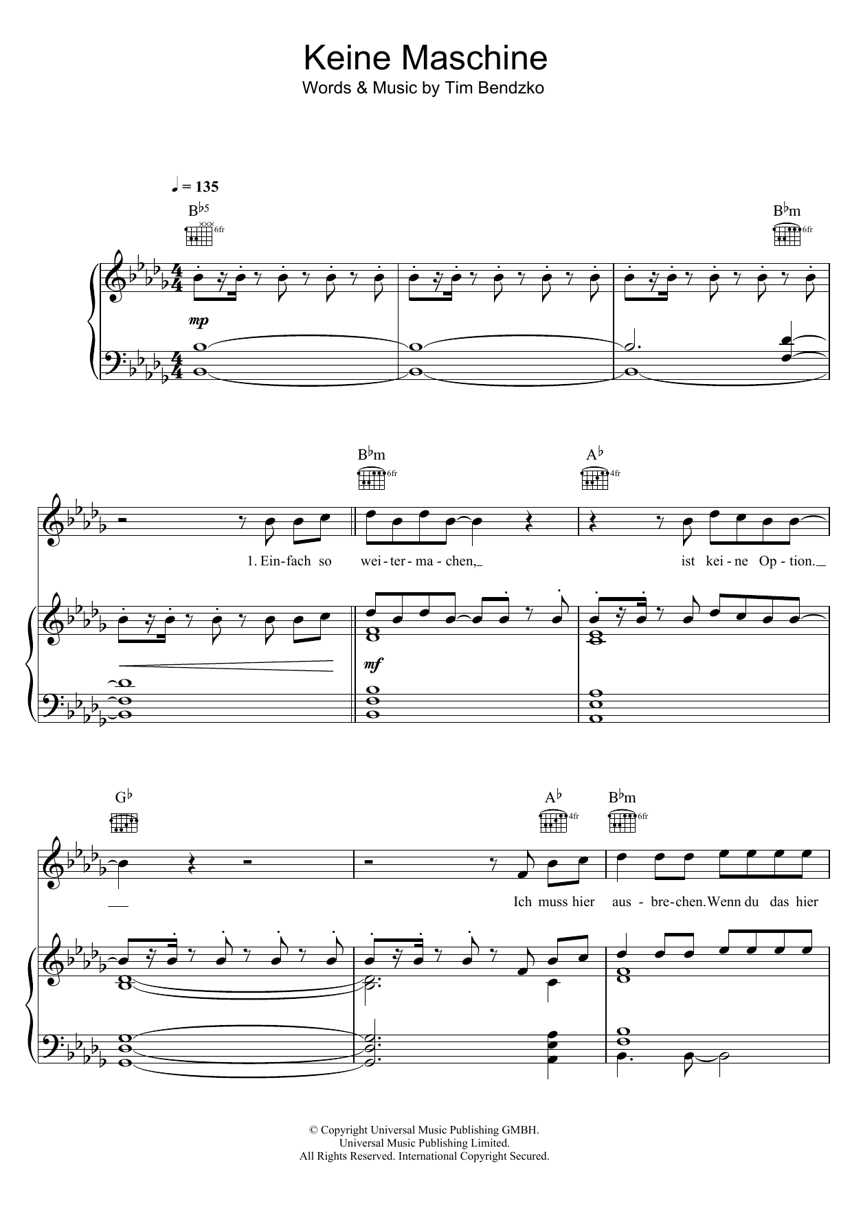 Download Tim Bendzko Keine Maschine Sheet Music and learn how to play Piano, Vocal & Guitar (Right-Hand Melody) PDF digital score in minutes