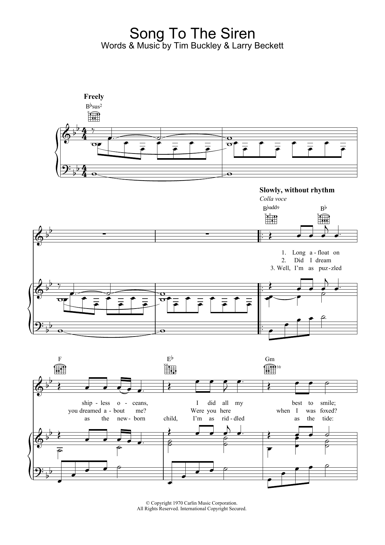 Download Tim Buckley Song To The Siren Sheet Music and learn how to play Piano, Vocal & Guitar (Right-Hand Melody) PDF digital score in minutes