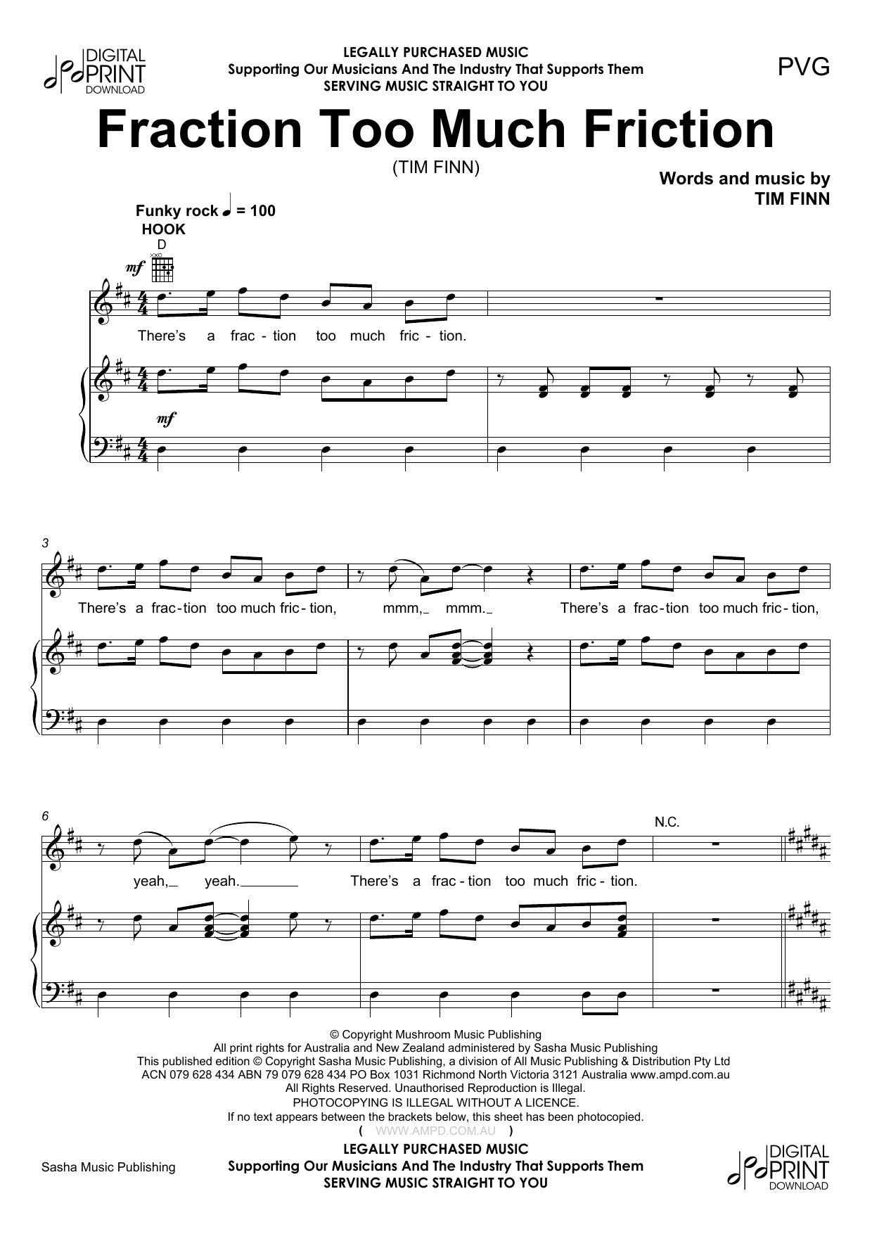 Download Tim Finn Fraction To Much Friction Sheet Music and learn how to play Piano, Vocal & Guitar (Right-Hand Melody) PDF digital score in minutes