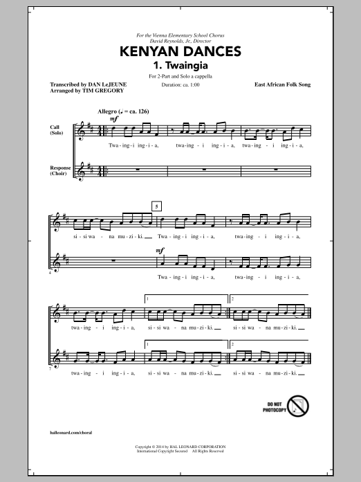 Download Traditional Kenyan Dances (arr. Tim Gregory) Sheet Music and learn how to play 2-Part Choir PDF digital score in minutes