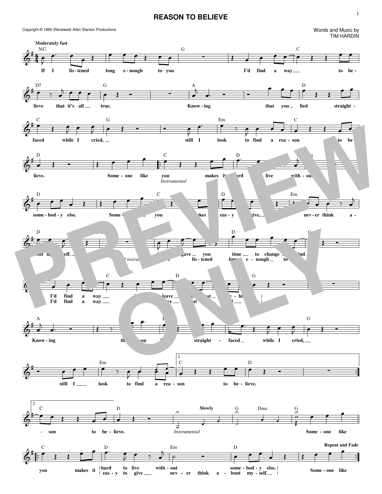 Download Tim Hardin Reason To Believe Sheet Music and learn how to play Lead Sheet / Fake Book PDF digital score in minutes