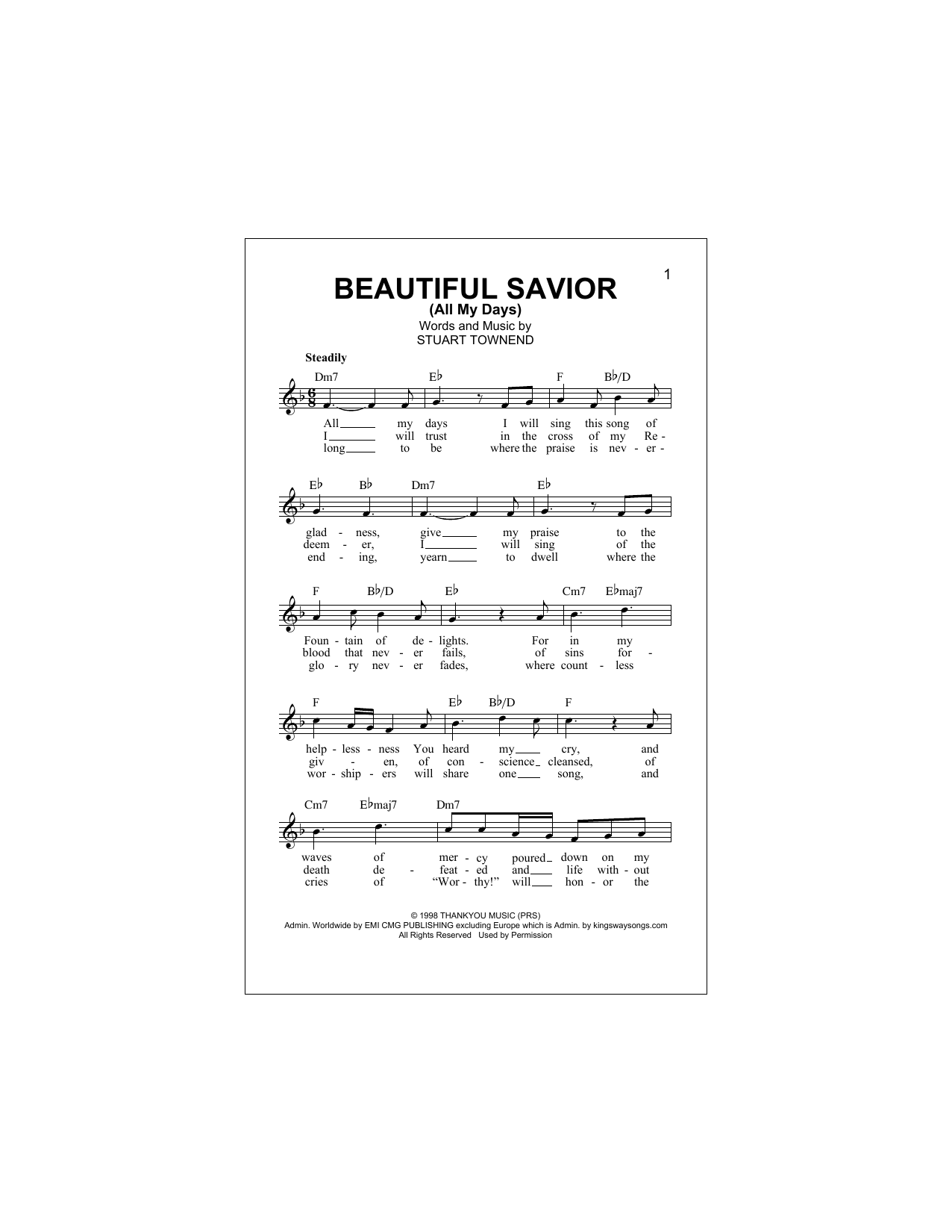 Download Tim Hughes Beautiful Savior (All My Days) Sheet Music and learn how to play Melody Line, Lyrics & Chords PDF digital score in minutes