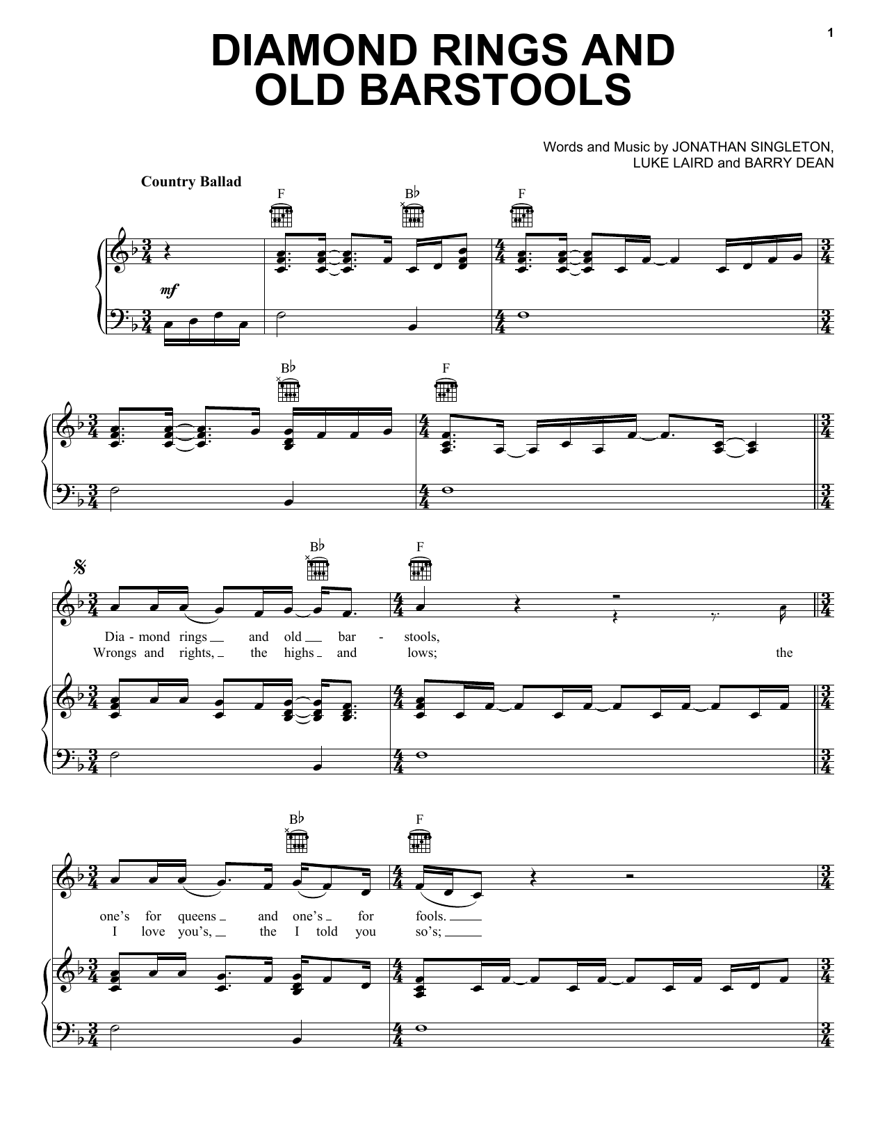 Download Tim McGraw Diamond Rings And Old Barstools Sheet Music and learn how to play Piano, Vocal & Guitar (Right-Hand Melody) PDF digital score in minutes