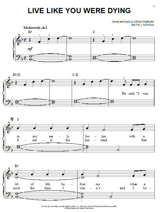 Download Tim McGraw Live Like You Were Dying Sheet Music and learn how to play Real Book – Melody, Lyrics & Chords PDF digital score in minutes