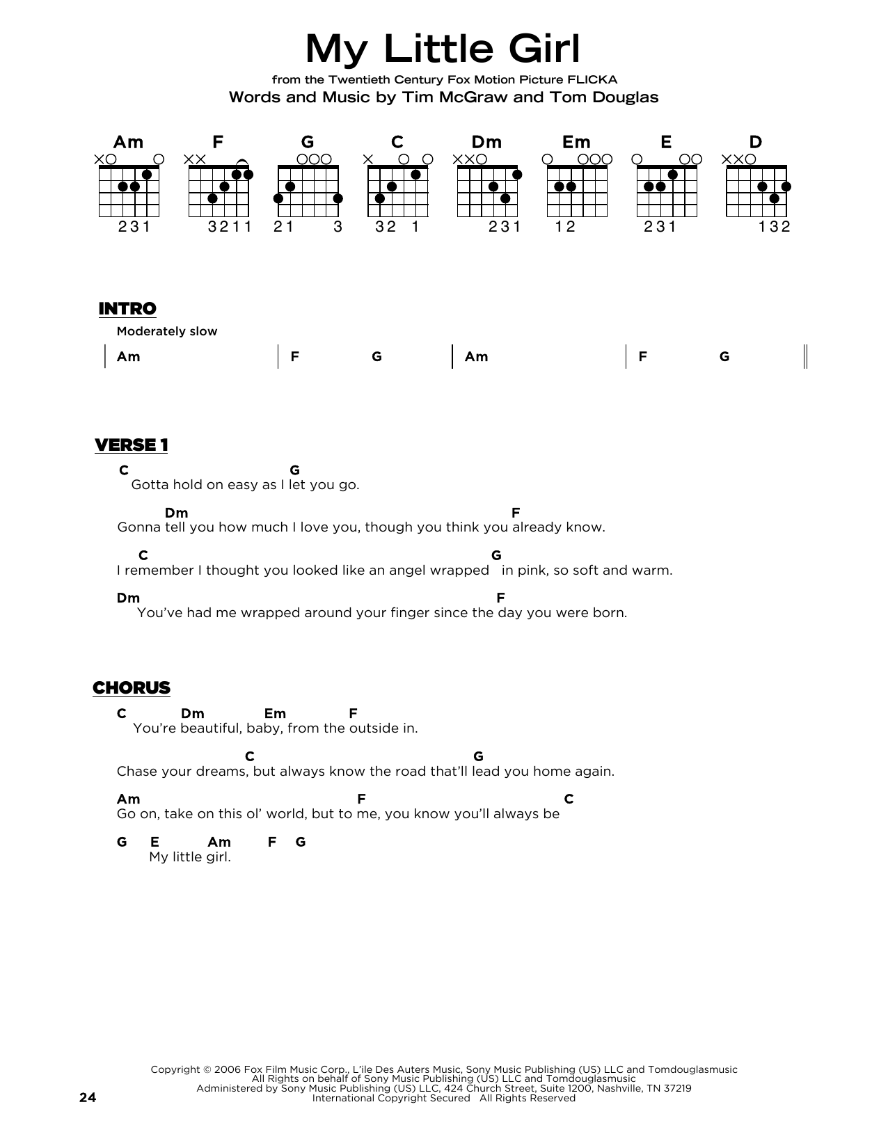 Download Tim McGraw My Little Girl (from My Friend Flicka) Sheet Music and learn how to play Really Easy Guitar PDF digital score in minutes