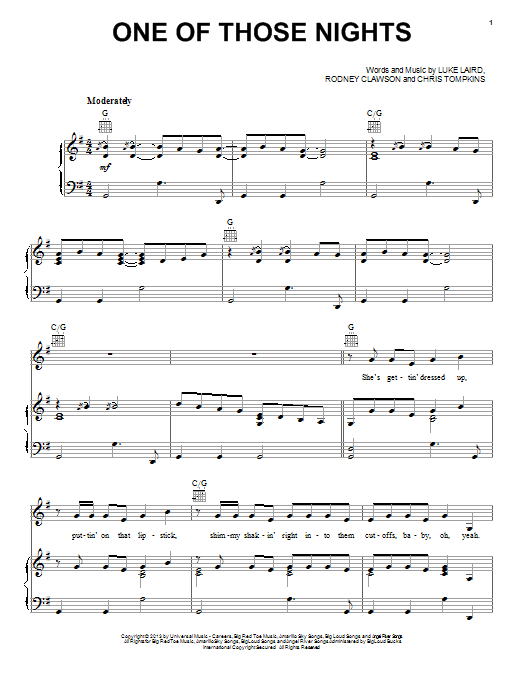 Download Tim McGraw One Of Those Nights Sheet Music and learn how to play Piano, Vocal & Guitar (Right-Hand Melody) PDF digital score in minutes