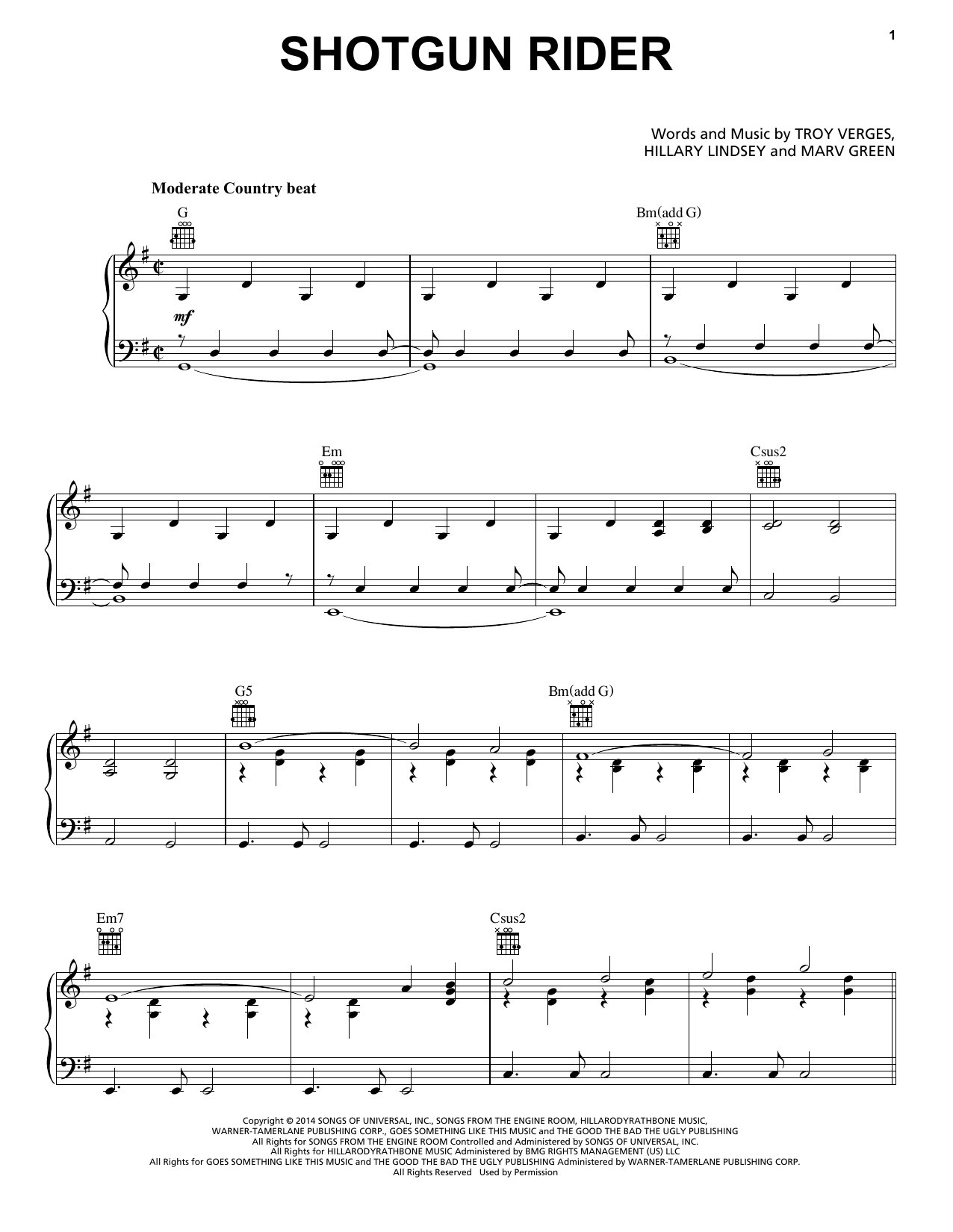 Download Tim McGraw Shotgun Rider Sheet Music and learn how to play Piano, Vocal & Guitar (Right-Hand Melody) PDF digital score in minutes