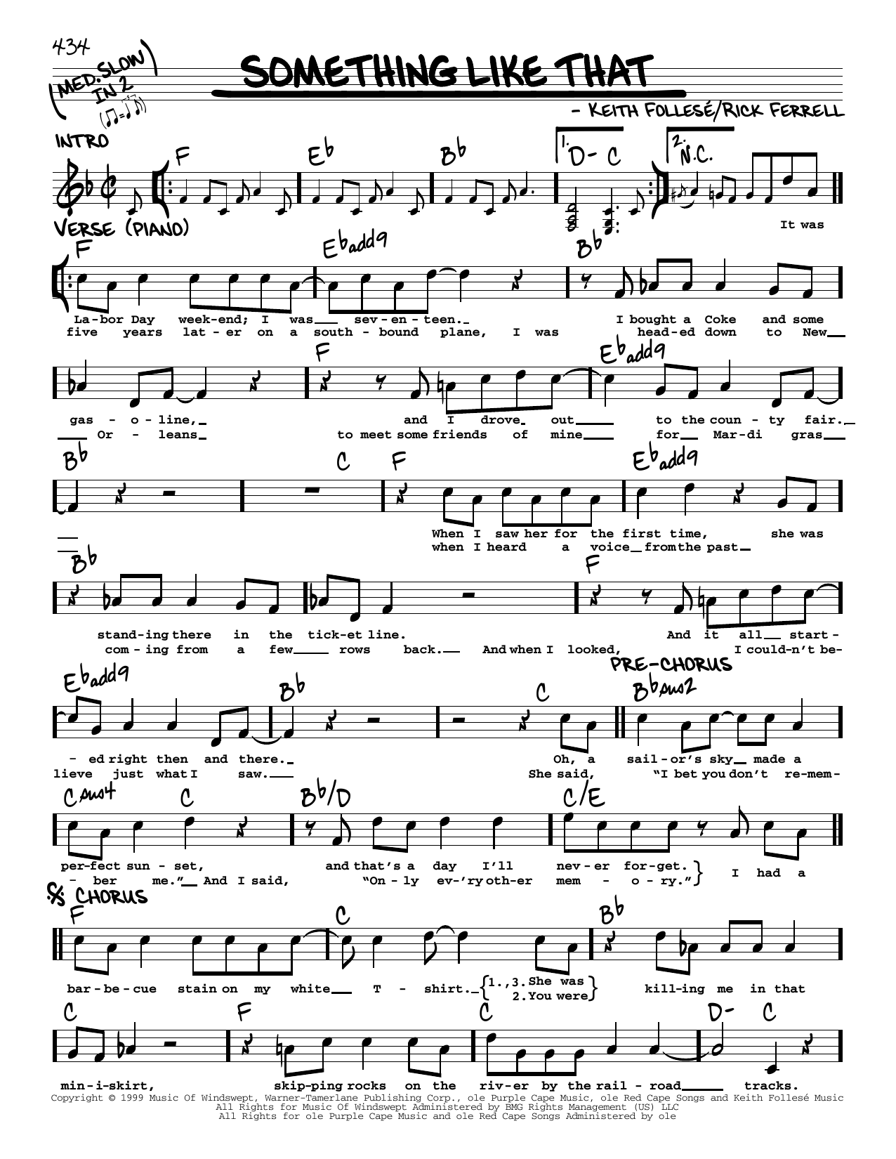 Download Tim McGraw Something Like That Sheet Music and learn how to play Real Book – Melody, Lyrics & Chords PDF digital score in minutes
