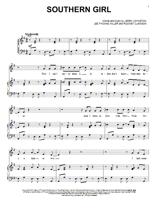 Download Tim McGraw Southern Girl Sheet Music and learn how to play Piano, Vocal & Guitar (Right-Hand Melody) PDF digital score in minutes