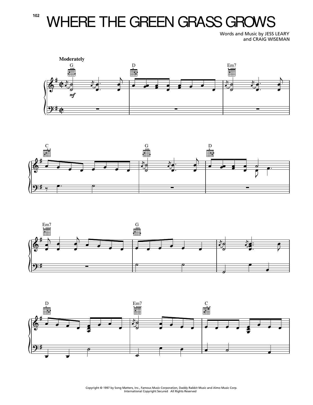 Download Tim McGraw Where The Green Grass Grows Sheet Music and learn how to play Piano, Vocal & Guitar Chords (Right-Hand Melody) PDF digital score in minutes