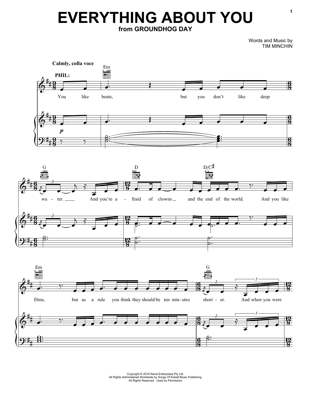 Download Tim Minchin Everything About You (from Groundhog Day The Musical) Sheet Music and learn how to play Piano, Vocal & Guitar Chords (Right-Hand Melody) PDF digital score in minutes