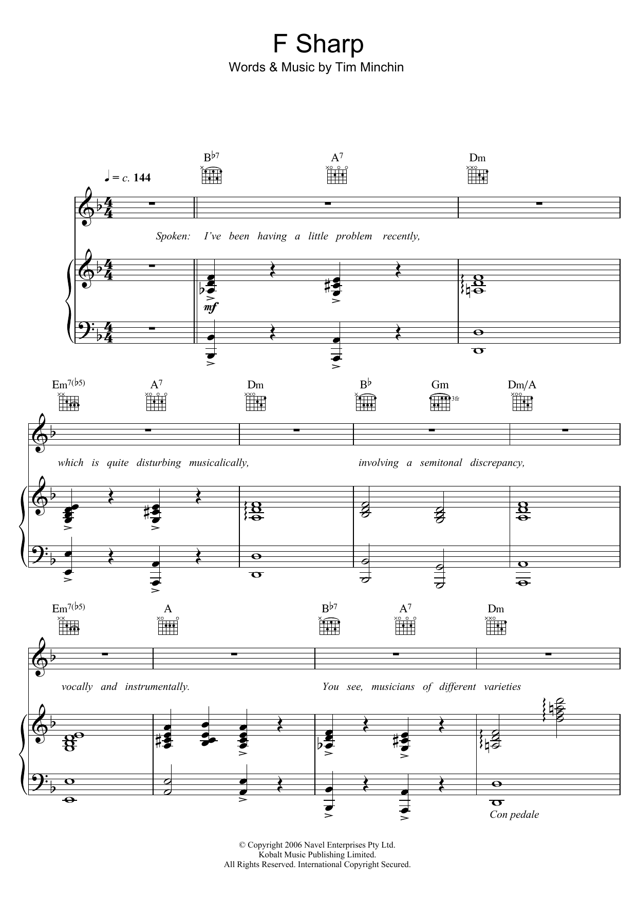 Download Tim Minchin F Sharp Sheet Music and learn how to play Piano, Vocal & Guitar PDF digital score in minutes