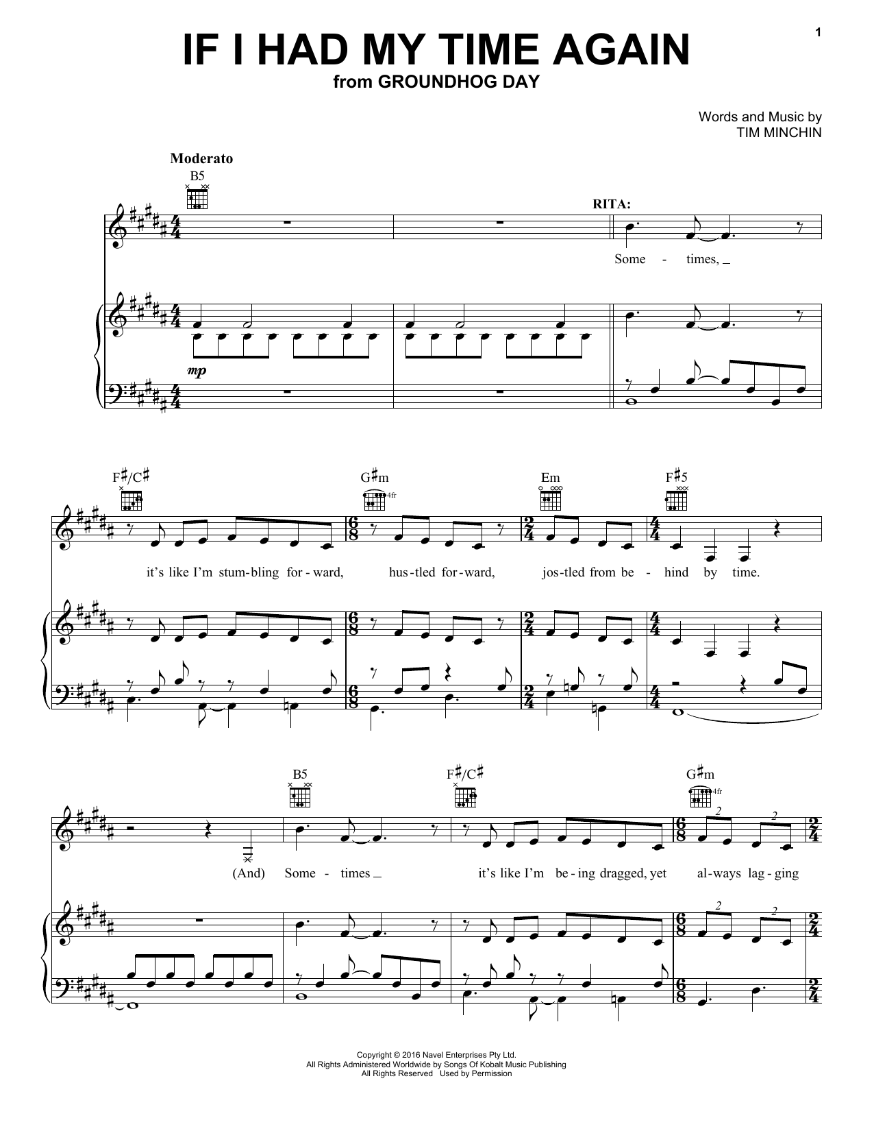 Download Tim Minchin If I Had My Time Again (from Groundhog Day The Musical) Sheet Music and learn how to play Piano, Vocal & Guitar Chords (Right-Hand Melody) PDF digital score in minutes