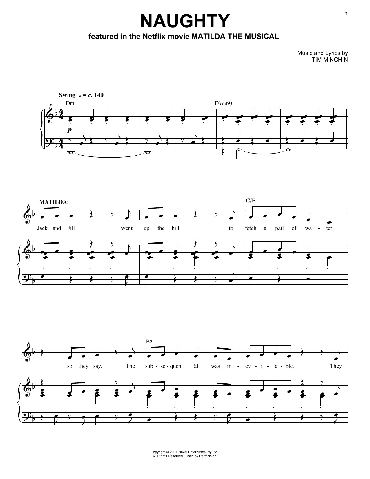 Download Tim Minchin Naughty (from the Netflix movie Matilda The Musical) Sheet Music and learn how to play Piano & Vocal PDF digital score in minutes