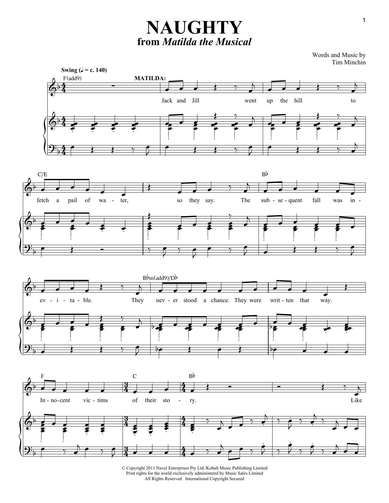 Download Tim Minchin Naughty Sheet Music and learn how to play Melody Line, Lyrics & Chords PDF digital score in minutes