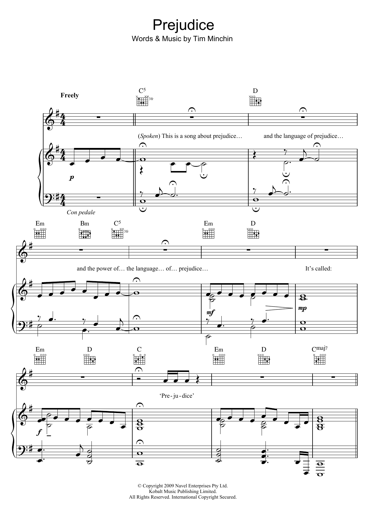 Download Tim Minchin Prejudice Sheet Music and learn how to play Piano, Vocal & Guitar PDF digital score in minutes