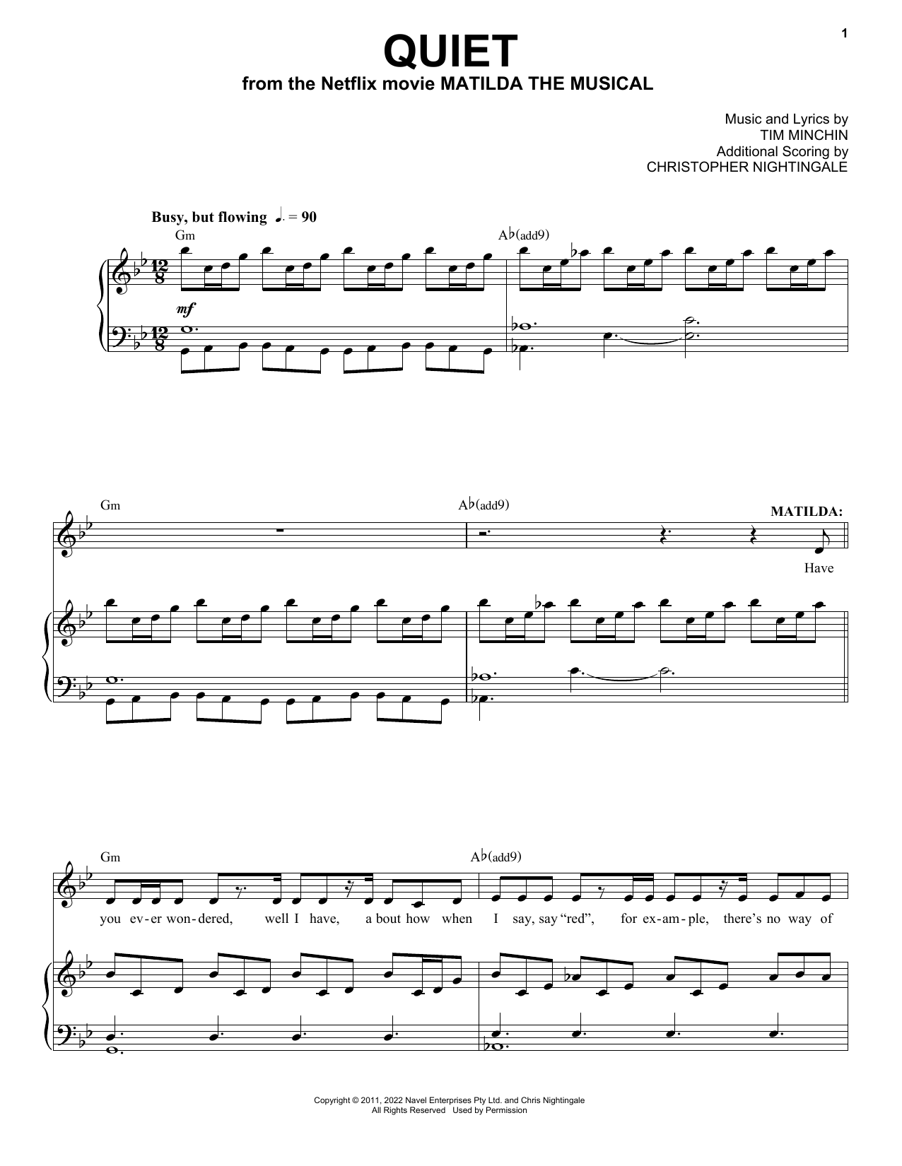 Download Tim Minchin Quiet (from the Netflix movie Matilda The Musical) Sheet Music and learn how to play Piano & Vocal PDF digital score in minutes