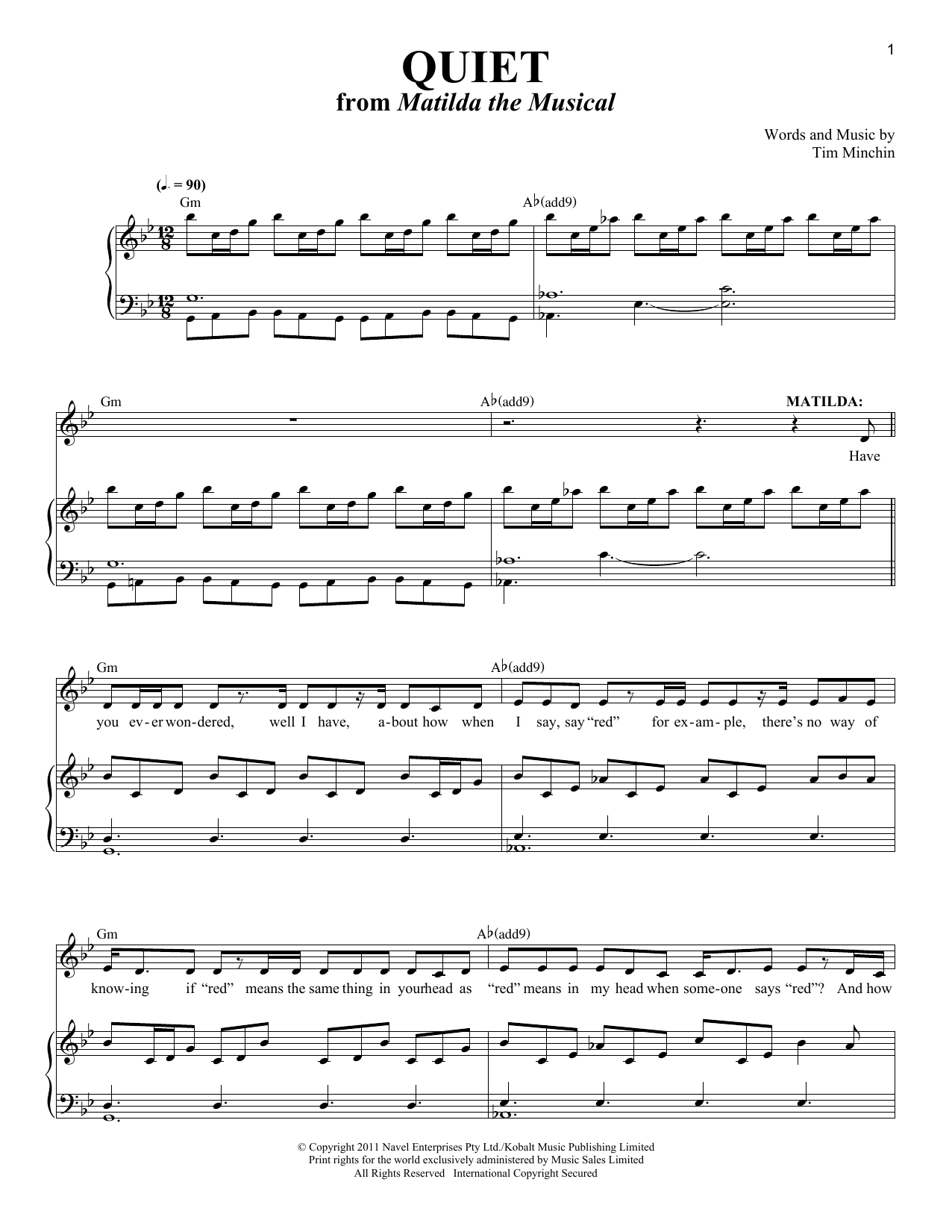 Download Tim Minchin Quiet (From 'Matilda The Musical') Sheet Music and learn how to play Piano & Vocal PDF digital score in minutes
