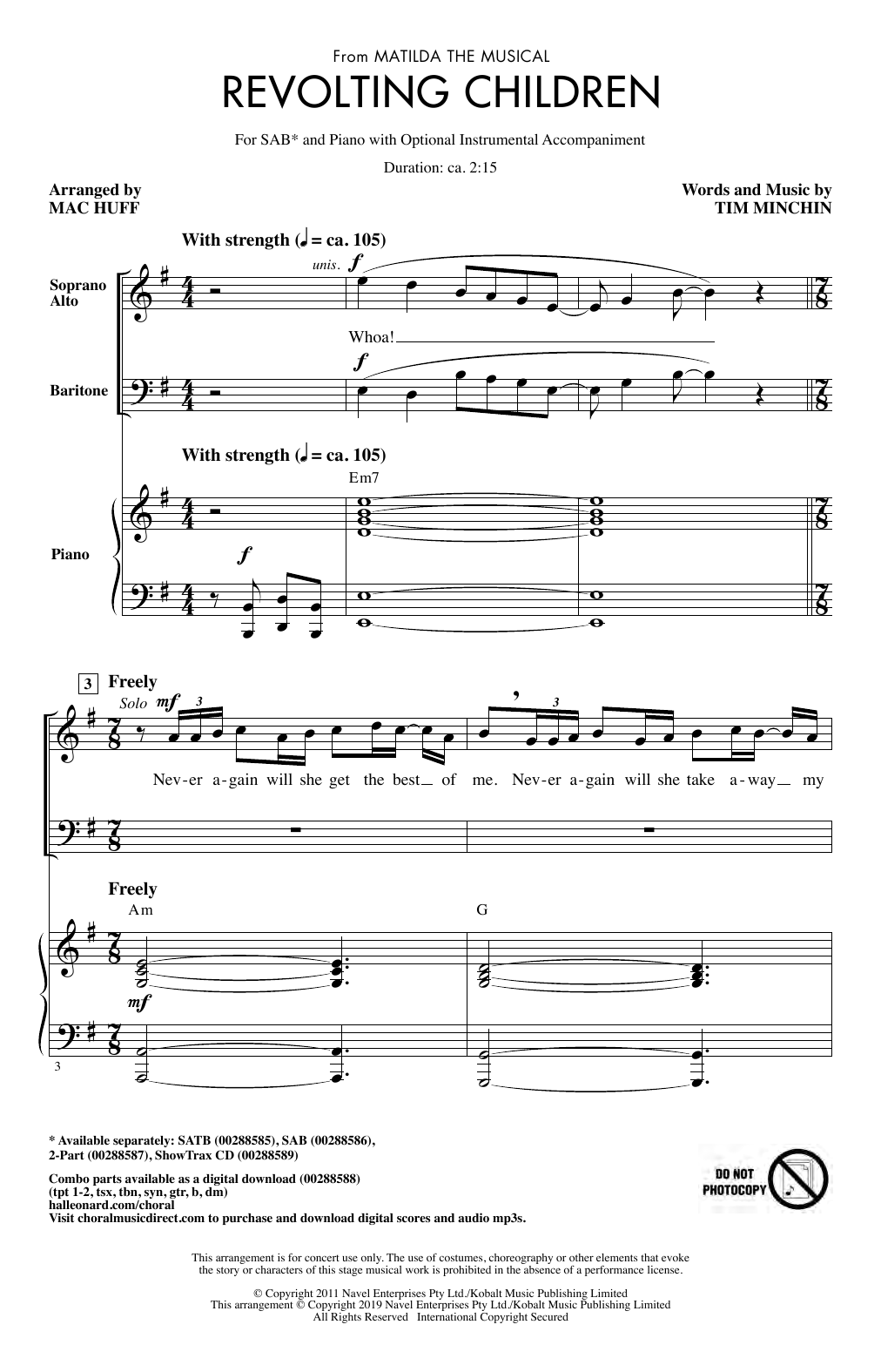 Download Tim Minchin Revolting Children (from Matilda: The Musical) (arr. Mac Huff) Sheet Music and learn how to play SAB Choir PDF digital score in minutes