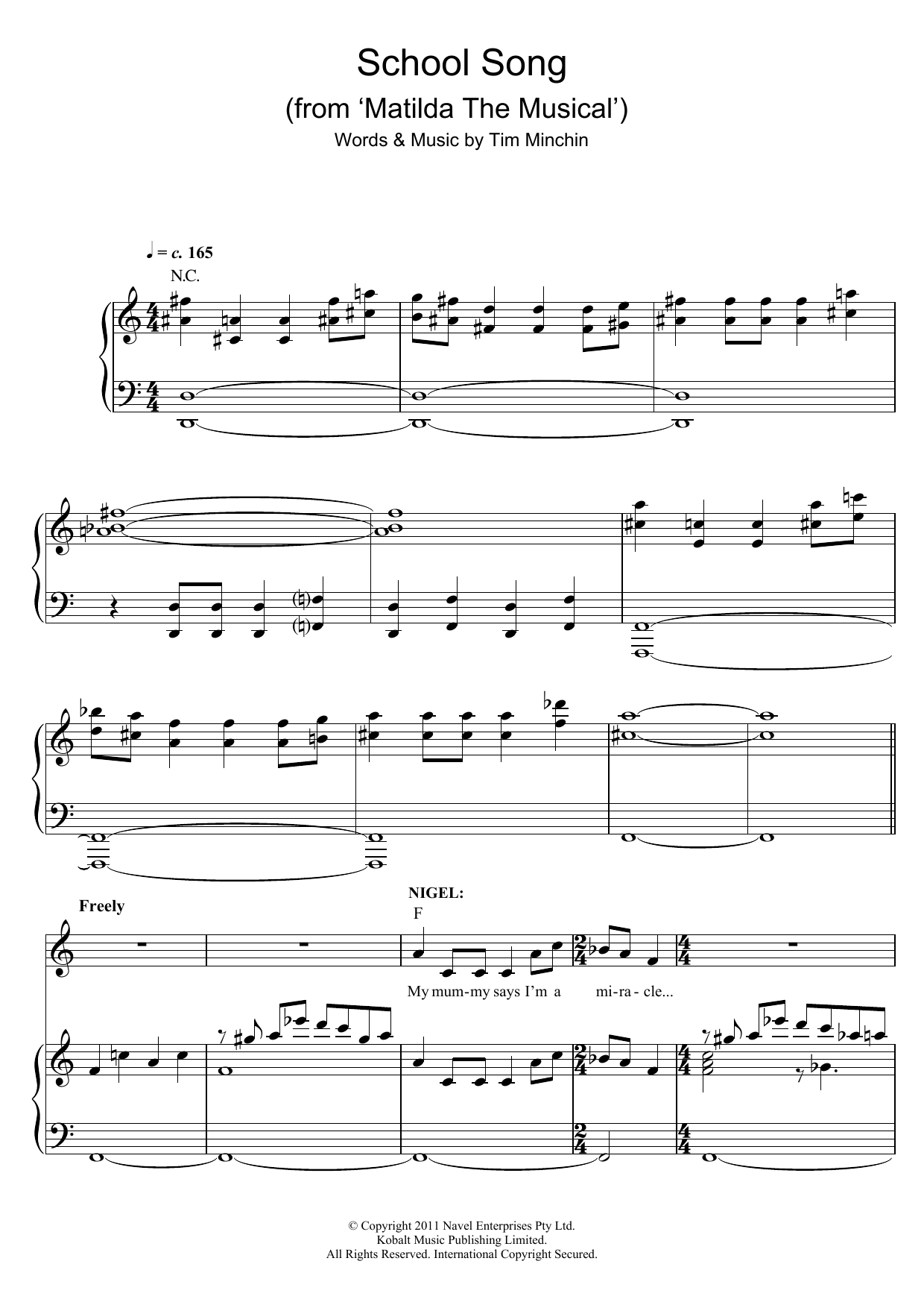Download Tim Minchin School Song (from 'Matilda The Musical') Sheet Music and learn how to play Piano (Big Notes) PDF digital score in minutes