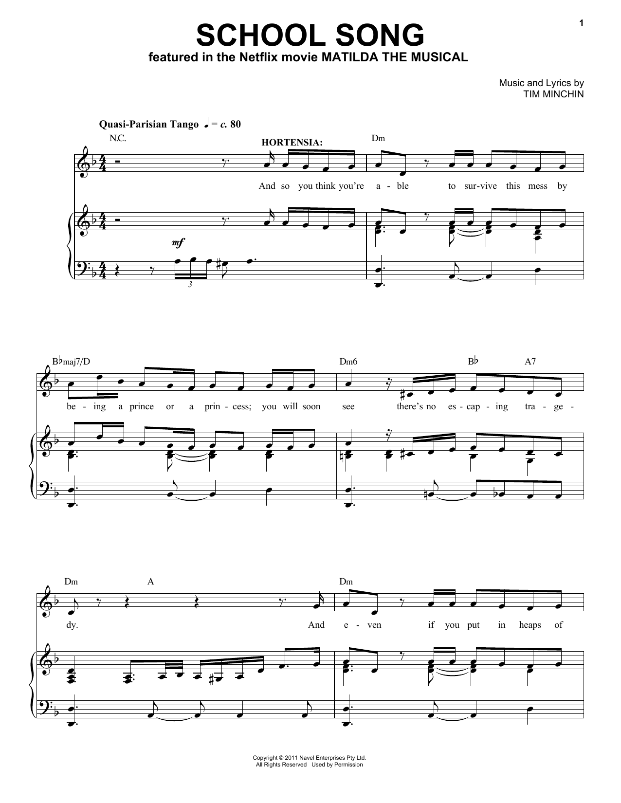 Download Tim Minchin School Song (from the Netflix movie Matilda The Musical) Sheet Music and learn how to play Piano & Vocal PDF digital score in minutes