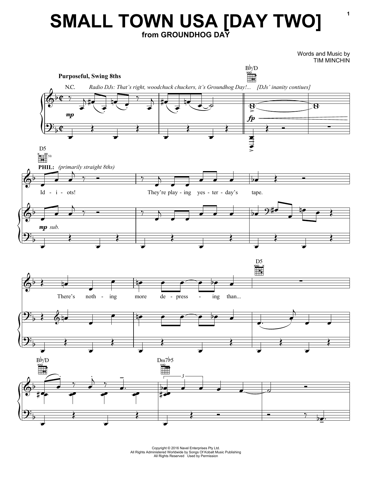 Download Tim Minchin Small Town USA [Day Two] (from Groundhog Day The Musical) Sheet Music and learn how to play Piano, Vocal & Guitar Chords (Right-Hand Melody) PDF digital score in minutes