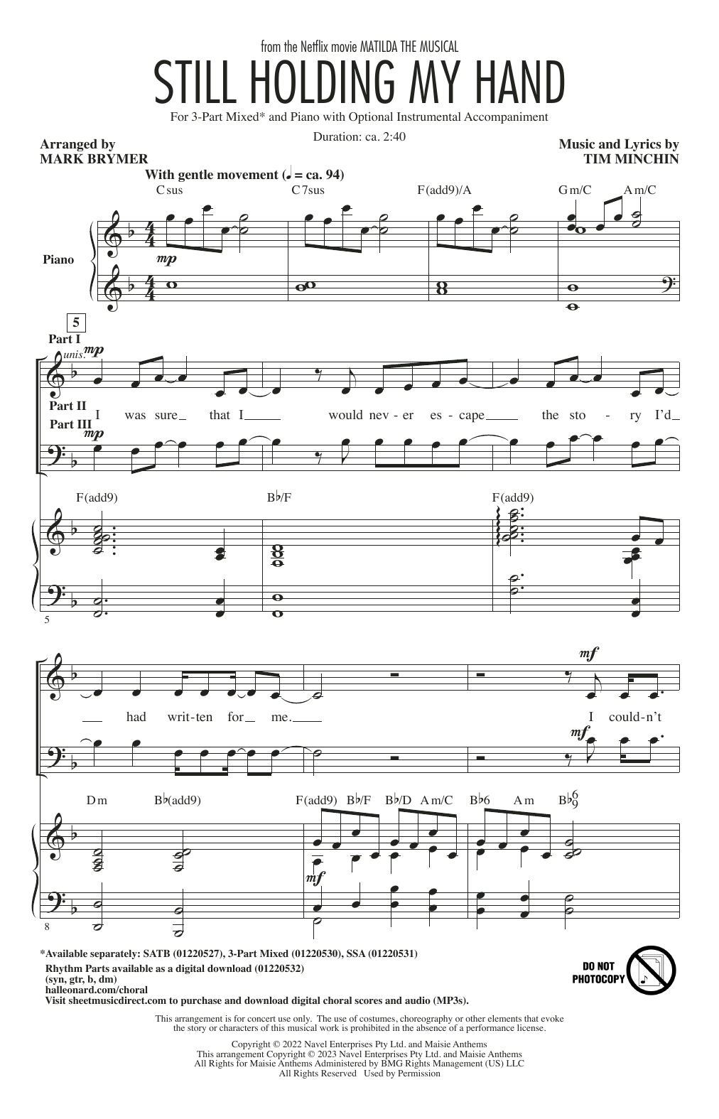 Download Tim Minchin Still Holding My Hand (from Matilda The Musical) (arr. Mark Brymer) Sheet Music and learn how to play SATB Choir PDF digital score in minutes