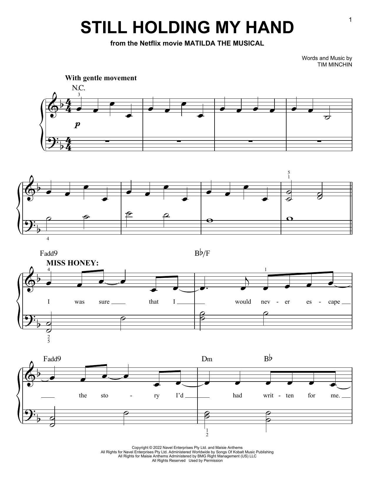 Download Tim Minchin Still Holding My Hand (from the Netflix movie Matilda The Musical) Sheet Music and learn how to play Piano, Vocal & Guitar Chords (Right-Hand Melody) PDF digital score in minutes